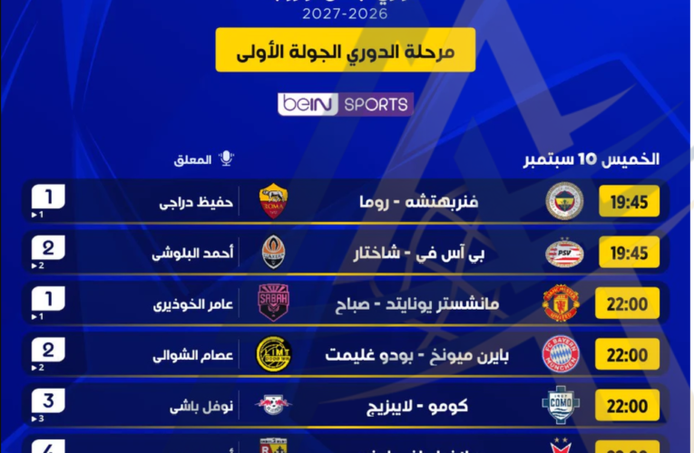 مواعيد مباريات دوري أبطال أوروبا اليوم الخميس 10 سبتمبر 2026 والقنوات الناقلة