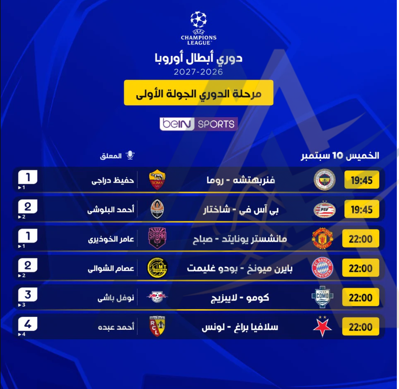 مواعيد مباريات دوري أبطال أوروبا اليوم الخميس 10 سبتمبر 2026 والقنوات الناقلة